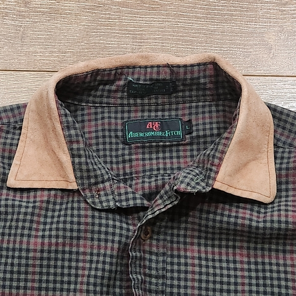 Vtg Abercrombie and Fitch men's long sleeve flannel plaid shirt lrg elbow patch - Picture 5 of 12